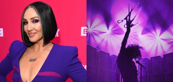 An image of Michelle Visage on a red carpet in a purple dress in 2023 and a graphic for new musical Scissorhandz