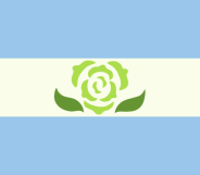 Achillean flag featuring a blue stripe, a white stripe, and another blue stripe plus a lime-green carnation in the middle