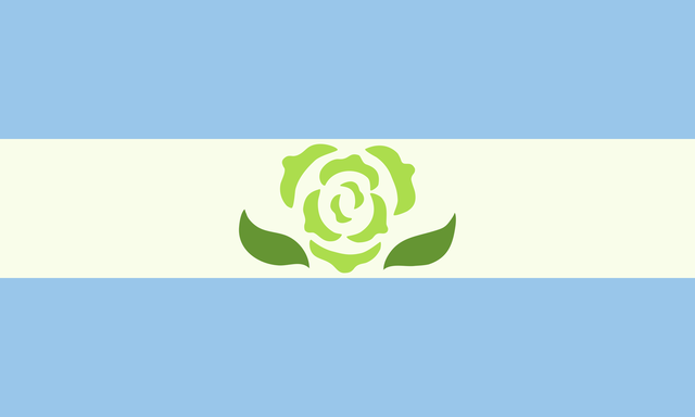 Achillean flag featuring a blue stripe, a white stripe, and another blue stripe plus a lime-green carnation in the middle