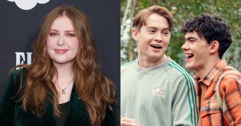 An image composite of Alice Oseman on a red carpet and Kit Connor and Joe Locke in Heartstopper