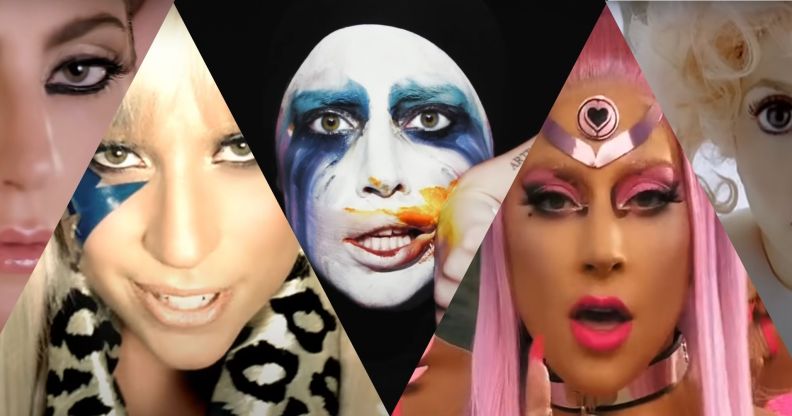 An image composition featuring stills from Lady Gaga's most famous music videos.