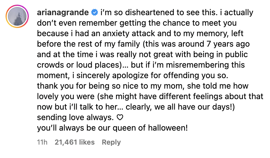 Ariana Grande responds to Elvira on Instagram