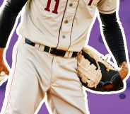 A baseball player edited infront of a purple background.