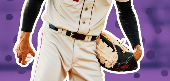 A baseball player edited infront of a purple background.