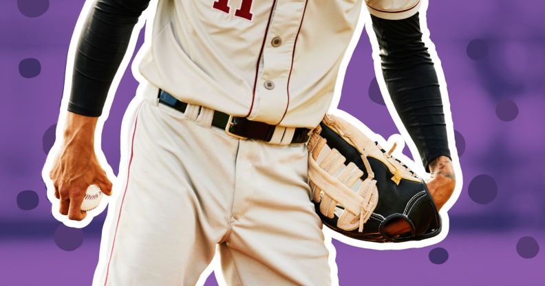 A baseball player edited infront of a purple background.