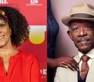 A side by side image of Bernardine Evaristo on a red carpet smiling and Lennie James as Barry Walker in BBC drama Mr Loverman