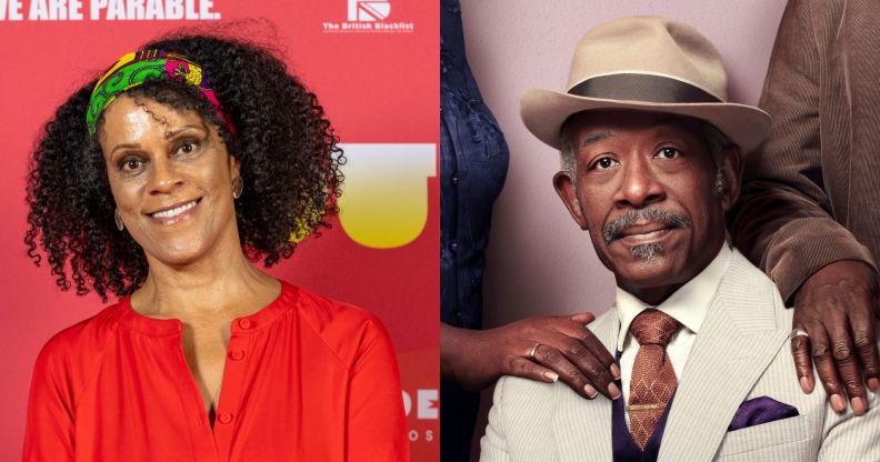 A side by side image of Bernardine Evaristo on a red carpet smiling and Lennie James as Barry Walker in BBC drama Mr Loverman