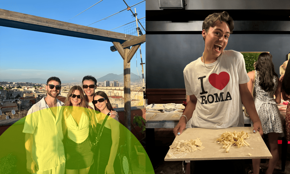 Bradley Riches in two photos from his 'Italian Escapes' trip. In the first he is with his new friend group and in the second he is making pizza.