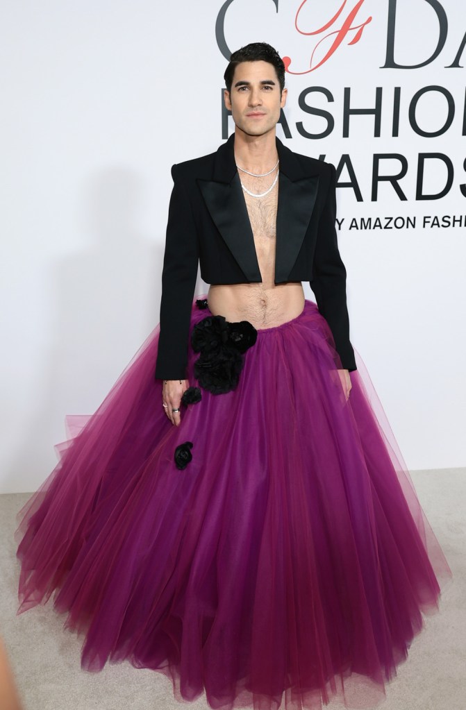 Darren Criss in a purple tulle skirt by designer Christian Siriano.