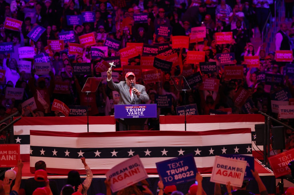 David Rem speaks prior to Republican presidential nominee, former President Donald Trump taking the stage at a campaign rally at Madison Square Garden