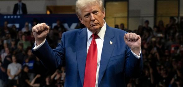 U.S. Republican presidential nominee, former President Donald Trump dances during a campaign rally at Findlay Toyota Center on October 13, 2024 in Prescott Valley, Arizona