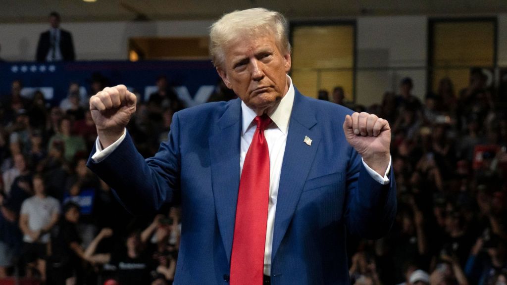 U.S. Republican presidential nominee, former President Donald Trump dances during a campaign rally at Findlay Toyota Center on October 13, 2024 in Prescott Valley, Arizona