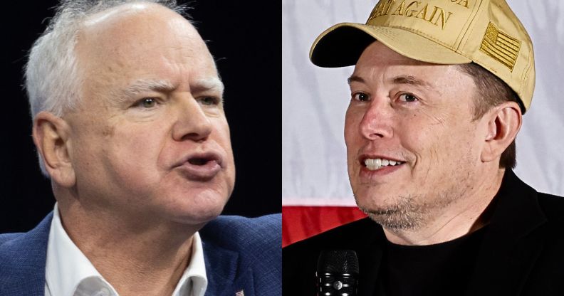 A split imaghe of Elon Musk and Tim Walz.