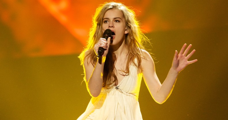 MALMO, SWEDEN - MAY 17: Emmelie de Forest of Denmark performs during a dress rehearsal ahead of the finals of the Eurovision Song Contest 2013 at Malmo Arena on May 17, 2013 in Malmo, Sweden. (Photo by Ragnar Singsaas/Getty Images)