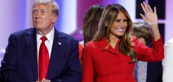 Former first lady Melania Trump joins Republican presidential nominee, former U.S. President Donald Trump on stage after he officially accepted the Republican presidential nomination.