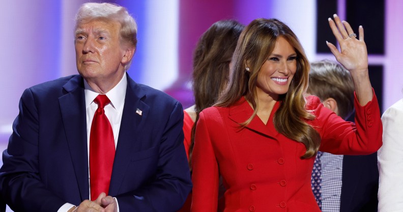 Former first lady Melania Trump joins Republican presidential nominee, former U.S. President Donald Trump on stage after he officially accepted the Republican presidential nomination.