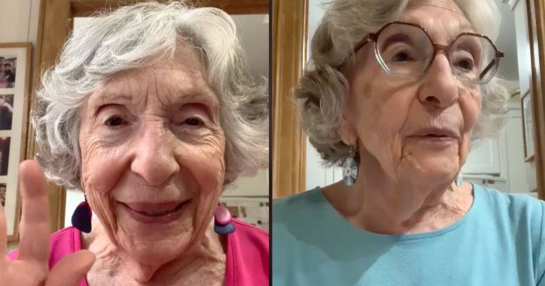 Screenshots of Grandma Elli, a gay Holocaust survivor who makes TikToks denouncing Donald Trump