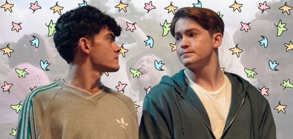 An image feature a still from Heartstopper season three faded, with an image of Nick and Charlie laid over the top