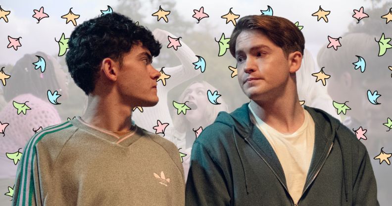 An image feature a still from Heartstopper season three faded, with an image of Nick and Charlie laid over the top