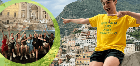 Heartstopper star Bradley Riches smiles as he wears a yellow 'Keep Calm and Drink Limoncello' t-shirt in Italy.