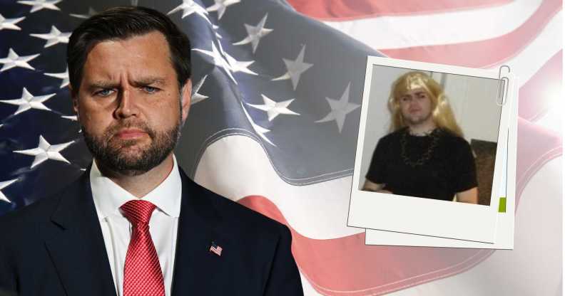 JD Vance (left) next to a picture allegedly showing him in drag