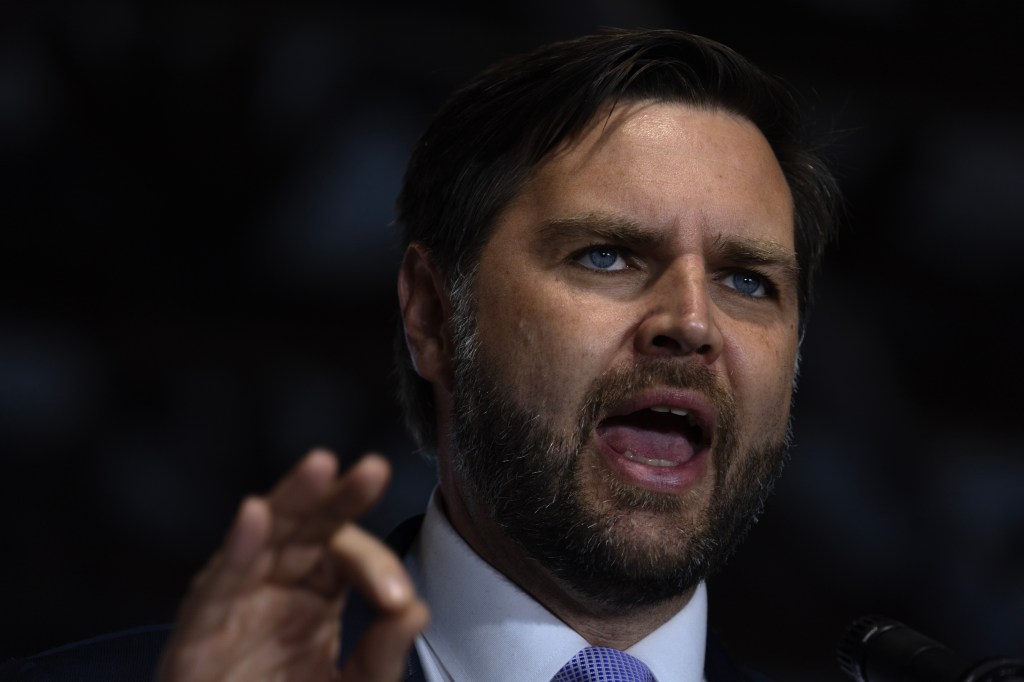 Republican vice presidential nominee U.S. Sen. JD Vance (R-OH) speaks to supporters during a campaign event