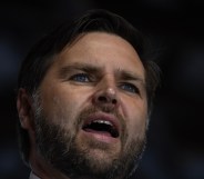 Republican vice presidential nominee U.S. Sen. JD Vance (R-OH) speaks to supporters during a campaign event at the Northwestern Michigan Fair