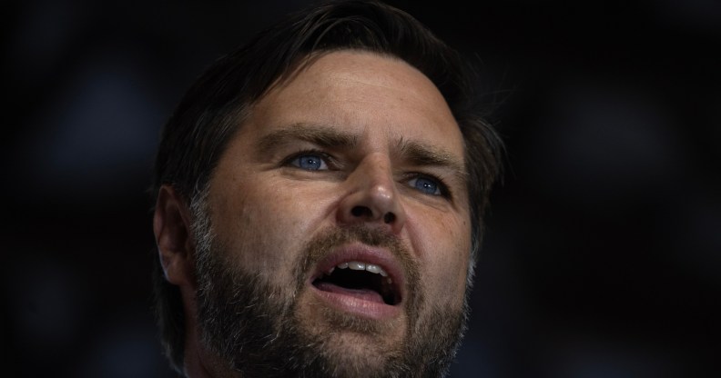 Republican vice presidential nominee U.S. Sen. JD Vance (R-OH) speaks to supporters during a campaign event at the Northwestern Michigan Fair