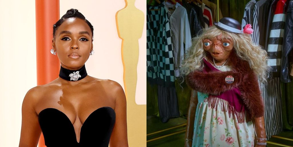 A side-by-side image of Janelle Monae on a red carpet and Janelle Monae as E.T.