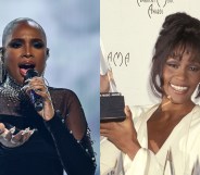 Jennifer Hudson performs at the American Music Awards 50th Anniversary Special and Whitney Houston at the 21st Annual American Music Awards holding a trophy