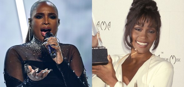 Jennifer Hudson performs at the American Music Awards 50th Anniversary Special and Whitney Houston at the 21st Annual American Music Awards holding a trophy