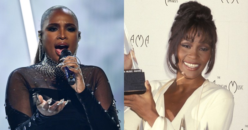 Jennifer Hudson performs at the American Music Awards 50th Anniversary Special and Whitney Houston at the 21st Annual American Music Awards holding a trophy