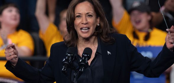 Democratic presidential nominee Vice President Kamala Harris speaks during a rally at the Dort Financial Center on October 04, 2024 in Flint, Michigan