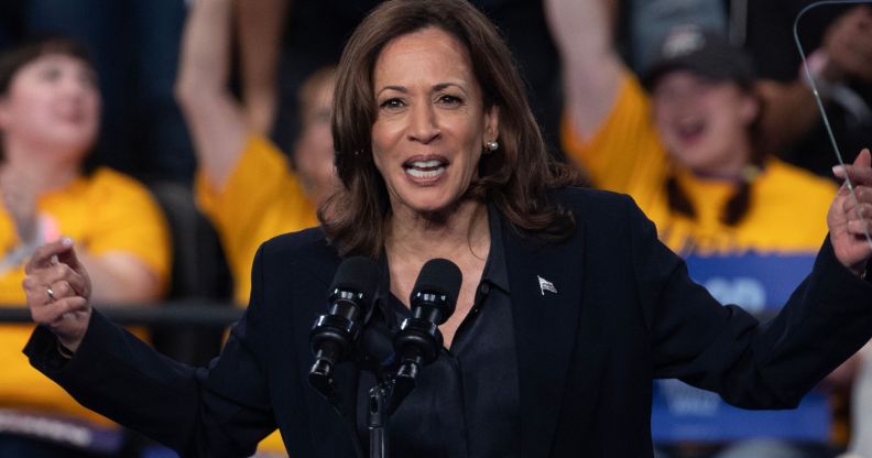 Democratic presidential nominee Vice President Kamala Harris speaks during a rally at the Dort Financial Center on October 04, 2024 in Flint, Michigan