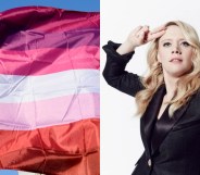 Lesbian flag and Kate McKinnon saluting