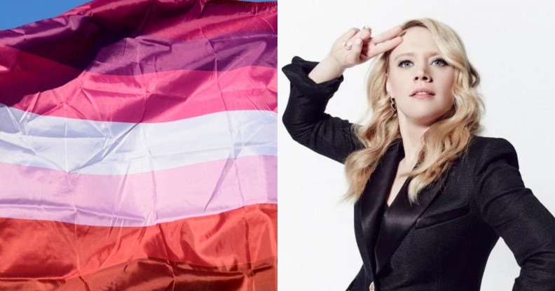 Lesbian flag and Kate McKinnon saluting