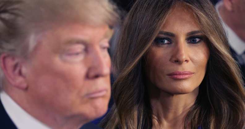 DETROIT, MI - MARCH 03: Republican presidential candidate Donald Trump and his wife Melania greet reporters in the spin room following a debate sponsored by Fox News at the Fox Theatre on March 3, 2016 in Detroit, Michigan. Voters in Michigan will go to the polls March 8 for the State's primary. (Photo by Chip Somodevilla/Getty Images)