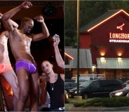 Left - two men dance in their underwear (one white, one black) - right, a Longhorn Steakhouse