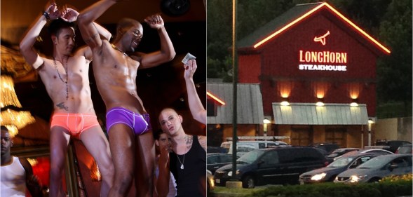 Left - two men dance in their underwear (one white, one black) - right, a Longhorn Steakhouse