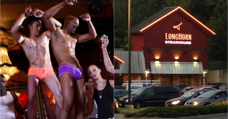 Left - two men dance in their underwear (one white, one black) - right, a Longhorn Steakhouse