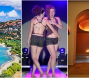 Composite image showing a shot of Lesvos on the left - a beach scene - two girls dancing at a festival in the middle, and a hammam spa lit by candlelight on the right