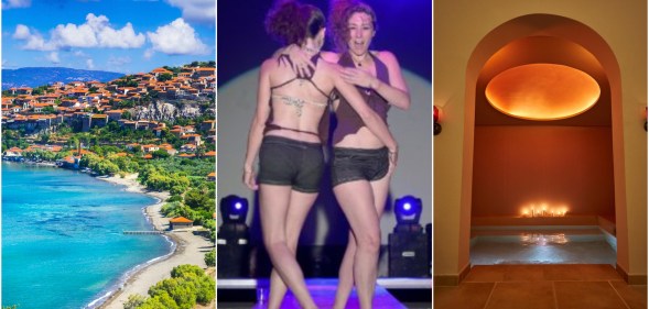 Composite image showing a shot of Lesvos on the left - a beach scene - two girls dancing at a festival in the middle, and a hammam spa lit by candlelight on the right