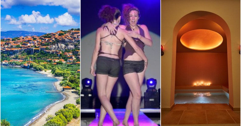 Composite image showing a shot of Lesvos on the left - a beach scene - two girls dancing at a festival in the middle, and a hammam spa lit by candlelight on the right