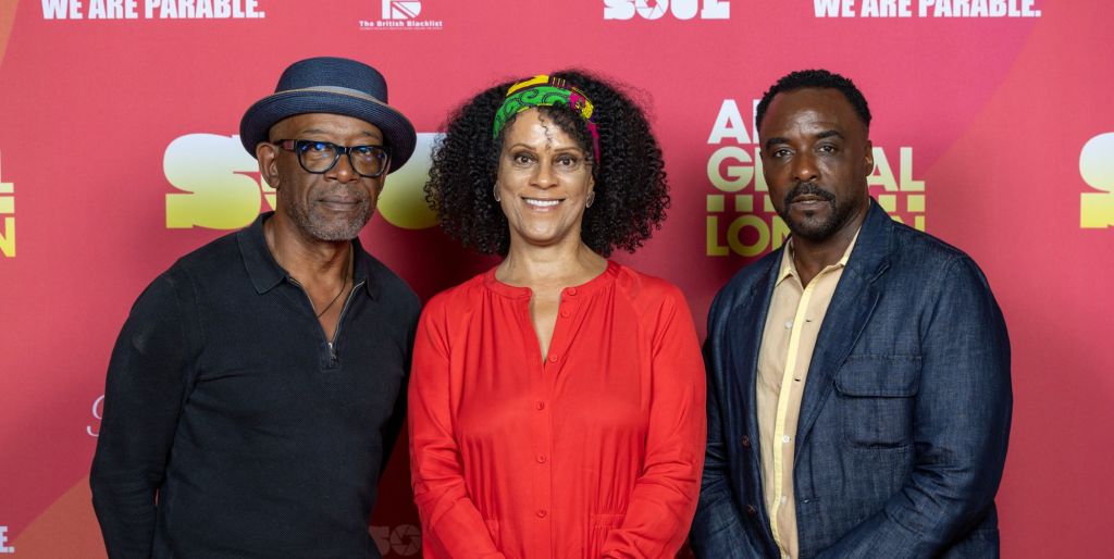 Mr Loverman author Bernardine Evaristo (centre) with adaptation stars Lennie James (left) and Ariyon Bakare (right).