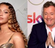 Beyonce (left) posing and Piers Morgan with his hands together smiling