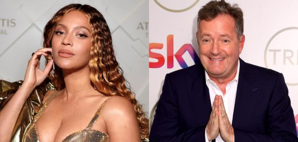 Beyonce (left) posing and Piers Morgan with his hands together smiling