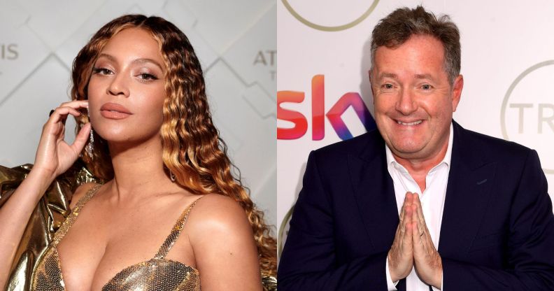 Beyonce (left) posing and Piers Morgan with his hands together smiling