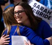 Democratic congressional candidate from Delaware Sarah McBride hugs Delaware State Treasurer Colleen Davis.