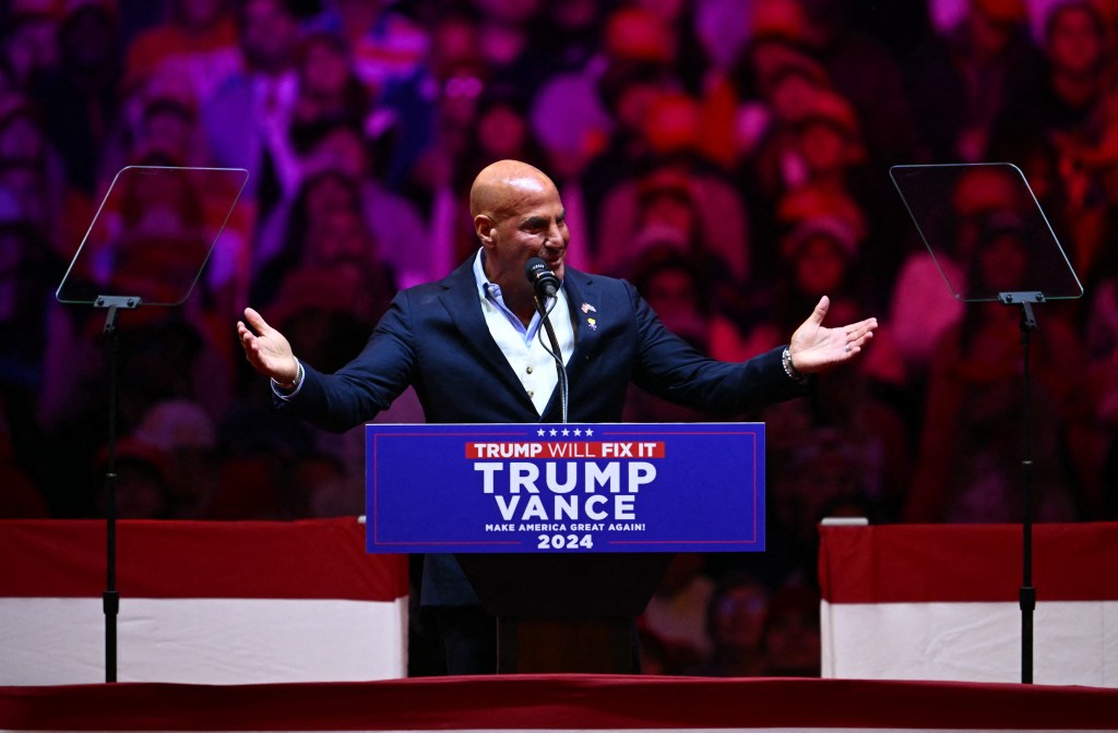 New York Radio Personality Sid Rosenberg speaks during a campaign rally for former US President and Republican presidential candidate Donald Trump at Madison Square Garden