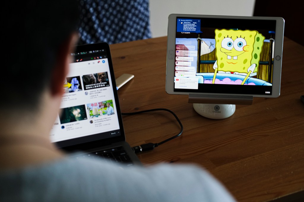 Cartoon character SpongeBob SquarePants is seen on an iPad 